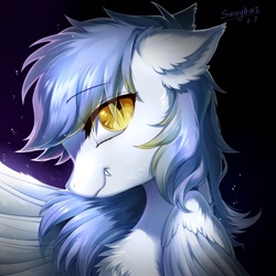 Size: 1280x1280 | Tagged: safe, artist:swaybat, oc, oc only, oc:gabriel, bat pony, hybrid, pegasus, pony, black background, bust, eye clipping through hair, fangs, portrait, simple background, slit eyes, smiling, solo, spread wings, wings