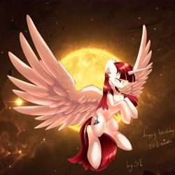 Size: 6176x6176 | Tagged: safe, artist:silver fox, oc, oc only, oc:fausticorn, alicorn, pony, eyes closed, female, flying, happy birthday lauren faust, laughing, mare, solo, space, sun