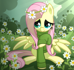 Size: 2088x1972 | Tagged: safe, artist:wingedwolf94, fluttershy, pegasus, pony, bottomless, c:, clothes, cute, daaaaaaaaaaaw, floral head wreath, flower, flower in hair, headband, lidded eyes, looking at you, looking up, nature, outdoors, partial nudity, raised hoof, shyabetes, sitting, smiling, solo, spread wings, sweater, sweatershy