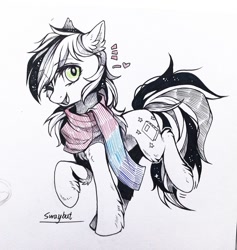Size: 1215x1280 | Tagged: safe, artist:swaybat, oc, earth pony, pony, clothes, female, heart, mare, scarf, sketch, solo