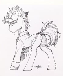 Size: 1058x1280 | Tagged: safe, artist:swaybat, oc, earth pony, pony, clothes, looking at you, looking back, looking back at you, male, sketch, solo, stallion