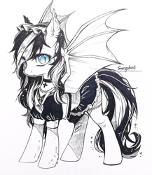 Size: 810x934 | Tagged: safe, artist:swaybat, oc, bat pony, pony, bat wings, clothes, dress, looking at you, maid, sketch, slit eyes, socks, solo, spread wings, wings