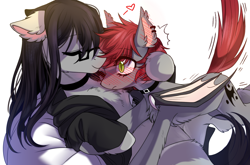 Size: 1100x726 | Tagged: safe, artist:swaybat, oc, oc only, oc:swaybat, bat pony, earth pony, pony, bat wings, blushing, blushing profusely, choker, clothes, cuddling, ear blush, female, glasses, heart, long mane, male, mare, pillow, slit eyes, stallion, straight, surprised, wings