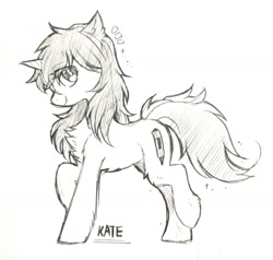 Size: 1280x1219 | Tagged: safe, artist:swaybat, oc, oc only, oc:kate, pony, unicorn, chest fluff, cute, emanata, female, grayscale, looking at you, mare, monochrome, side view, sketch, smiling, solo