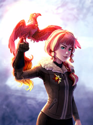 Size: 2341x3152 | Tagged: safe, artist:rysunkowasucharia, sunset shimmer, human, phoenix, equestria girls, alternate hairstyle, braid, clothes, falconry, female, high res, humanized, looking at you, solo