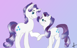 Size: 1344x827 | Tagged: safe, artist:arnachy, elusive, rarity, pony, unicorn, adobe imageready, blushing, eye contact, female, gradient background, looking at each other, male, mare, rarilusive, rule 63, self ponidox, selfcest, shipping, stallion, straight