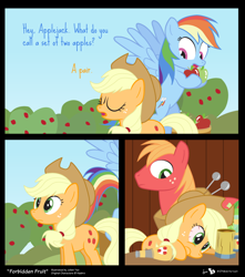 Size: 840x950 | Tagged: safe, artist:dm29, applejack, big macintosh, rainbow dash, earth pony, pegasus, pony, apple, bloodshot eyes, cider, comic, existential crisis, hilarious in hindsight, logic bomb, male, mental breakdown, overconfident alcoholic, pear, pun, stallion, that pony sure does hate pears, trio