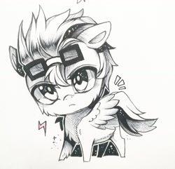 Size: 1280x1234 | Tagged: safe, artist:swaybat, oc, oc:aj, pegasus, pony, chibi, glasses, male, monochrome, sketch, solo, stallion