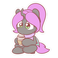 Size: 1280x1280 | Tagged: safe, artist:sugar morning, oc, oc only, oc:violet nebula, changeling, pony, chibi, coffee, cute, ponytail, purple changeling, simple background, sitting, solo, transparent background