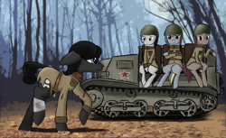 Size: 3300x2026 | Tagged: safe, artist:sinniepony, oc, oc only, oc:sinnie, artillery tractor, autumn, clothes, military, red army, russian, soldier, soviet, t-20 komsomolets, tank (vehicle), uniform, world war ii