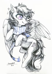 Size: 909x1280 | Tagged: safe, artist:swaybat, oc, bat pony, hybrid, pegasus, pony, clothes, fangs, female, mare, scarf, solo, traditional art
