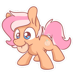 Size: 1280x1280 | Tagged: safe, artist:sugar morning, oc, oc only, oc:peachy, earth pony, pony, chibi, cute, eating, food, peach, simple background, solo, standing, transparent background
