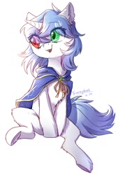 Size: 864x1280 | Tagged: safe, artist:swaybat, oc, oc only, pony, unicorn, cape, clothes, female, heterochromia, mare, smiling, solo