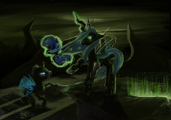 Size: 4961x3496 | Tagged: safe, artist:dueswals, queen chrysalis, changeling, changeling queen, female, green, helmet, magic, windswept mane