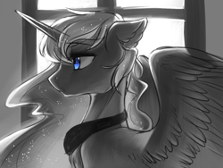 Size: 1024x768 | Tagged: safe, artist:swaybat, princess luna, alicorn, pony, bust, female, mare, partial color, solo, window