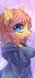 Size: 585x1280 | Tagged: safe, artist:swaybat, oc, oc only, pony, candy, clothes, ear piercing, eating, eye clipping through hair, female, food, hoodie, hoof hold, lollipop, looking at you, mare, not fluttershy, piercing, solo