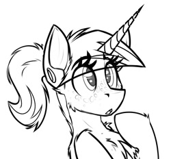 Size: 1060x985 | Tagged: safe, artist:ralek, oc, oc only, oc:swift note, pony, unicorn, fallout equestria, :o, chest fluff, curiosity, cute, diaries of a sniperpony, freckles, innocent, monochrome, open mouth, ponytail, solo
