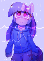 Size: 559x782 | Tagged: safe, artist:mewball, twilight sparkle, pony, semi-anthro, about to cry, bipedal, clothes, frown, hoodie, rain, sad, solo