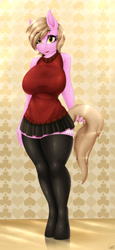 Size: 1867x4045 | Tagged: safe, artist:replica, oc, oc only, oc:reppy, anthro, unguligrade anthro, big breasts, breasts, clothes, female, looking at you, skirt, sleeveless turtleneck, solo, stockings, sweater, tail pull, turtleneck, vest