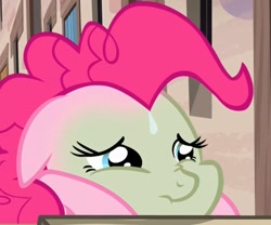 Size: 840x700 | Tagged: safe, screencap, pinkie pie, pony, the cutie map, chubby cheeks, cropped, faic, female, floppy ears, green face, mare, sick, solo, winnie the pink