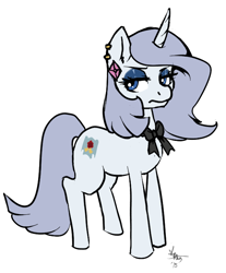 Size: 598x721 | Tagged: safe, artist:skuttz, oc, oc only, oc:platinum decree, pony, unicorn, bow, ear piercing, earring, eyeshadow, female, frown, glare, looking at you, makeup, mare, neck bow, piercing, ribbon, solo, unamused