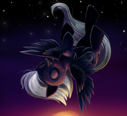 Size: 894x819 | Tagged: safe, artist:ailatf, night glider, the cutie map, eyes closed, flying, solo, sunset, twilight (astronomy), upside down