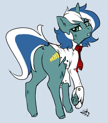 Size: 643x737 | Tagged: safe, artist:skuttz, oc, oc only, oc:skyfall, pony, unicorn, clothes, cravat, cufflinks, cutie mark, female, green eyes, hooves, left hand drawing, plot, raised eyebrow, raised tail, shirt, solo, spypone, torn clothes