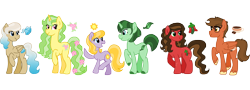 Size: 5550x2000 | Tagged: safe, artist:princess-madeleine, oc, oc only, oc:autumn spice, oc:bluebell breeze, oc:cheershine, oc:chili snap, oc:spearmint, oc:woodland spring, earth pony, pegasus, pony, unicorn, cutie mark, group, redesign, simple background, size difference, transparent background