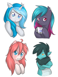 Size: 3000x4000 | Tagged: safe, artist:askbubblelee, oc, oc only, oc:bubble lee, oc:fish lips, oc:night owl, oc:vox, bat pony, dragon, pony, coffee, coffee mug, cute, ear piercing, piercing, ponysona, simple background, transparent background