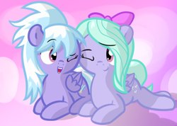 Size: 1474x1047 | Tagged: safe, artist:furrgroup, cloudchaser, flitter, pegasus, pony, female, hair bow, mare, smiling, wings