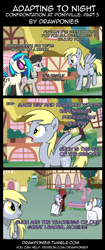 Size: 850x2020 | Tagged: safe, artist:terminuslucis, derpy hooves, dj pon-3, octavia melody, vinyl scratch, earth pony, pegasus, pony, unicorn, comic:adapting to night, comic:adapting to night: confrontation at ponyville, comic, cult, female, fountain, mare