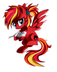 Size: 1095x1383 | Tagged: safe, artist:pepooni, oc, oc only, oc:fire strike, pegasus, pony, bandage, flying, freckles, ponytail, scar