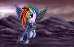 Size: 6000x3800 | Tagged: safe, artist:pony-stark, rainbow dash, pegasus, pony, the cutie re-mark, absurd resolution, alternate timeline, amputee, apocalypse dash, augmented, clothes, crystal war timeline, female, gritted teeth, lightning, mare, outdoors, prosthetic limb, prosthetic wing, prosthetics, scar, signature, skidding, sky, solo, spread wings