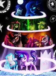 Size: 900x1224 | Tagged: safe, artist:miniyuna, applejack, fluttershy, king sombra, nightmare moon, pinkie pie, queen chrysalis, rainbow dash, rarity, starlight glimmer, changeling, changeling queen, earth pony, pegasus, pony, unicorn, the cutie re-mark, alternate timeline, angry, apocalypse dash, chrysalis resistance timeline, clothes, crystal war timeline, dystopia, eyes closed, fake applejack, female, male, mare, night maid rarity, nightmare takeover timeline, open mouth, smiling, spell, stallion, tribal pie, tribalshy