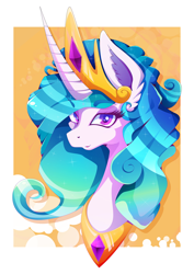 Size: 1358x1920 | Tagged: safe, artist:rariedash, princess celestia, alicorn, pony, abstract background, bust, crown, ear fluff, female, jewelry, looking at you, mare, portrait, regalia, solo