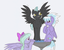 Size: 1279x1005 | Tagged: safe, artist:ravenpuff, cloudchaser, flitter, thunderlane, pegasus, pony, behaving like a bird, bird bath, bow, chest fluff, female, fluffy, hair bow, lip bite, male, mare, sitting, smiling, spread wings, stallion, water