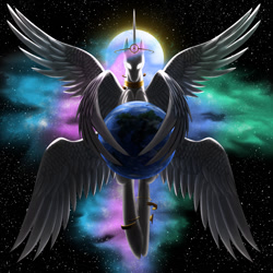 Size: 945x945 | Tagged: dead source, safe, artist:mistermech, princess celestia, alicorn, pony, seraph, seraphicorn, featured image, female, giant pony, glowing eyes, goddess, macro, mare, multiple wings, pony bigger than a planet, solo, space, stars, sun, this isn't even my final form