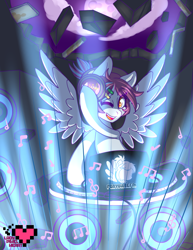 Size: 2975x3850 | Tagged: safe, artist:ladypixelheart, dj pon-3, vinyl scratch, oc, oc only, oc:aerial soundwaves, pony, unicorn, disc jockey, explosion, music, ponyvillefm