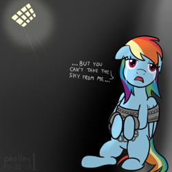 Size: 500x500 | Tagged: safe, artist:phallen1, rainbow dash, pegasus, pony, 30 minute art challenge, bad end, bound wings, crying, female, firefly (series), manacles, mare, prison, prisoner rd, singing, solo