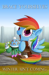 Size: 1500x2318 | Tagged: safe, artist:berrypawnch, rainbow dash, tank, pegasus, pony, tanks for the memories, chibi, cute, dashabetes, winter is coming, winter isn't coming