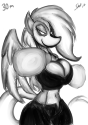 Size: 2893x4092 | Tagged: safe, artist:saliantsunbreeze, derpibooru import, rainbow dash, anthro, 30 minute art challenge, belly button, boxing, breasts, cleavage, clothes, female, midriff, monochrome, rainboob dash, shorts, sketch, sports bra