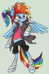 Size: 551x835 | Tagged: safe, artist:xenon, derpibooru import, rainbow dash, anthro, alternate hairstyle, bandage, clothes, ponytail