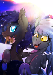 Size: 1358x1920 | Tagged: safe, artist:rariedash, oc, oc only, oc:au hasard, oc:panne, bat pony, pony, blizzard, couple, fangs, gingerbread pony, mouth hold, pasard, slit eyes, smiling, snow, snowfall