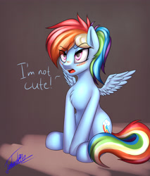 Size: 4000x4700 | Tagged: safe, artist:elzzombie, rainbow dash, pegasus, pony, blatant lies, blushing, chest fluff, cute, dashabetes, embarrassed, female, fluffy, glare, i'm not cute, mare, open mouth, ponytail, sitting, solo, spread wings, truth, tsunderainbow, tsundere
