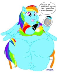 Size: 800x1026 | Tagged: safe, artist:bunearyk, derpibooru import, rainbow dash, anthro, dialogue, fat, obese, pancakes, rainblob dash, speech bubble