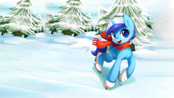 Size: 1920x1080 | Tagged: safe, artist:maren, edit, minuette, pony, unicorn, clothes, cute, ice skates, ice skating, looking at you, minubetes, open mouth, scarf, smiling, snow, solo, tree, wallpaper, wallpaper edit, winter