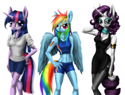 Size: 800x606 | Tagged: safe, artist:volcanico, derpibooru import, rainbow dash, rarity, twilight sparkle, anthro, clothes, dress, skinny