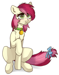 Size: 2196x2778 | Tagged: safe, artist:chibadeer, roseluck, pony, bow, chest fluff, collar, cute, ear fluff, pet tag, pony pet, raised hoof, rosepet, signature, simple background, sitting, solo, tail bow, white background