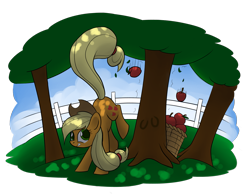 Size: 2387x1870 | Tagged: safe, artist:underpable, derpibooru import, applejack, earth pony, pony, apple, applebucking, basket, fence, grin, kicking, solo, tree, trunk