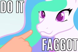 Size: 658x438 | Tagged: safe, artist:4as, edit, princess celestia, alicorn, human, pony, :3, boop, caption, colored pupils, cute, cutelestia, disembodied hand, do it, do it faggot, female, finger, hand, image macro, imminent boop, mare, meme, reaction image, solo focus, text, vulgar